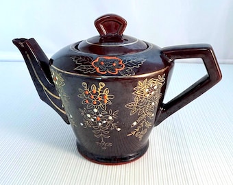 1940’s Japan Small Moriage Redware Floral Teapot
