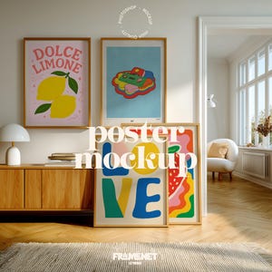 May include: Interior scene with framed art prints. The prints showcase a lemon-themed poster, a colourful abstract design, and a retro cassette tape illustration. The words "poster mockup" are displayed in the image.