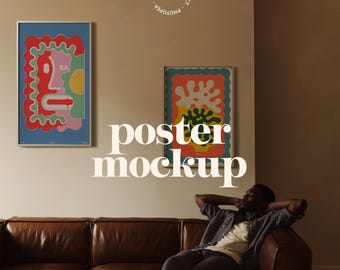 May include: Two framed posters with colorful abstract art hang on a wall above a brown leather sofa. The posters feature red, blue, and yellow shapes. The words "poster mockup" are displayed in large white letters.