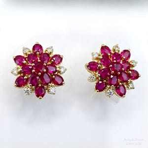 Ruby & Zircon Flower Cluster Earrings Gold 17mm Jewelry