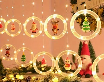 USB接続LEDクリスマスウィンドウカーテンライト（吊り下げ式ホリデーオーナメント付き）｜温白色ライト｜屋内用 - ウィンドウデコレーション、ホリデーパーティーデコレーション