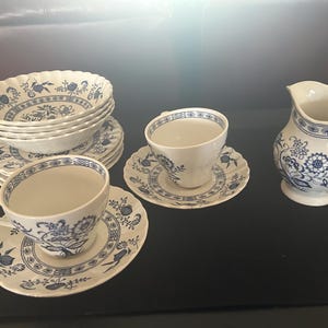 Vintage J&G Meakin Blue Nordic Tea Set – 13 Piece Blue  White Ironstone – England