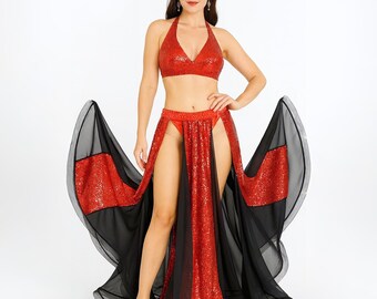 Red belly dance skirt, Panel skirt women, Performance skirt, Rave skirt costume, Dance stage clothes, Belly dance costume, Red dance skirt