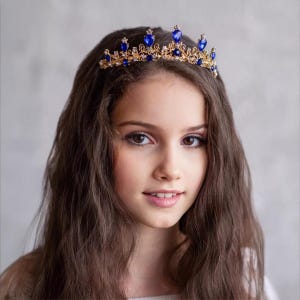 Blue gold tiara, Rhinestone tiara, Royal blue crown, Flower girl tiara crown, Princess crown, Birthday girl crown, Gold crystal tiara