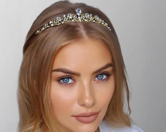 Tiara de noiva com cristais dourados, acessório de cabeça com strass para casamento, tiara de princesa luxuosa, tiara de rainha do baile com cristais