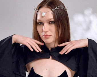 Tiara de elfo, corona élfica, tocado élfico, diadema de corona de elfo, diadema de elfo de ópalo, joyería de fantasía para la cabeza, joyería élfica para la frente, tocado de hada