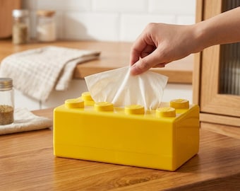 Building Block Style Tissue Box Cover, LEGO-Inspired Tissue Holder, Plastic Tissue Box for Home, Yellow LEGO Block Design, Fun Tissue Holder