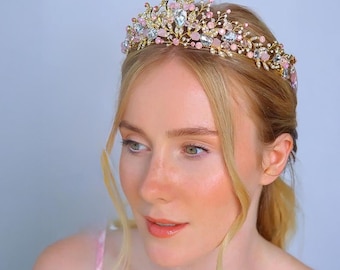 Light Pink And Gold Wedding Tiara, Crystal Rhinestone Crown For Girls And Women, Princess Style Bridal Hair Crown, Tiara With Rhinestones