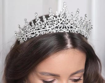 Tiara para niña de las flores, tiara con diamantes de imitación, tiara plateada, corona para niña pequeña, tiara de princesa, tiara para niña pequeña, tiara de cumpleaños, tiara clásica