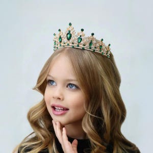 Emerald jewel tiara, Green princess crown, Emerald green tiara, Green rhinestone crown,Golden tiara crown,Green wedding crown,Festival tiara