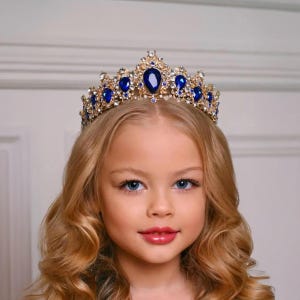 Blue gold tiara, Royal blue crown, Kids tiara crown, Princess crown girl, Sapphire tiara girl, Birthday girl crown, Gold crystal tiara