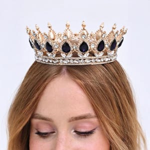 Blue gold tiara, Blue crystal crown, Gold tiara crown, Royal blue crown, Blue and gold prom tiara, Gold princess crown, Royal blue headpiece