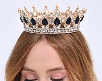 Tiara de oro azul, corona de cristal azul, corona de tiara dorada, corona azul real, tiara de graduación azul y dorada, corona de princesa dorada, tocado azul real