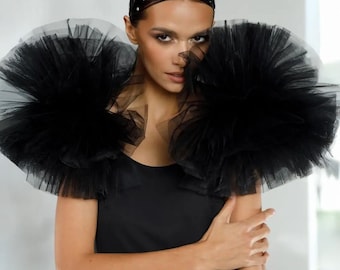 Black tulle sleeves, Puffy sleeves,Pom pom sleeves, Add on sleeves, Detachable sleeves, Unique tulle sleeves, Gothic wedding sleeves