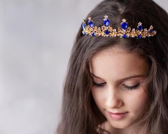 Tiara de oro azul, tiara de diamantes de imitación azules, corona de oro azul, tiara azul zafiro, tiara de boda azul, corona de novia azul, tiara azul real