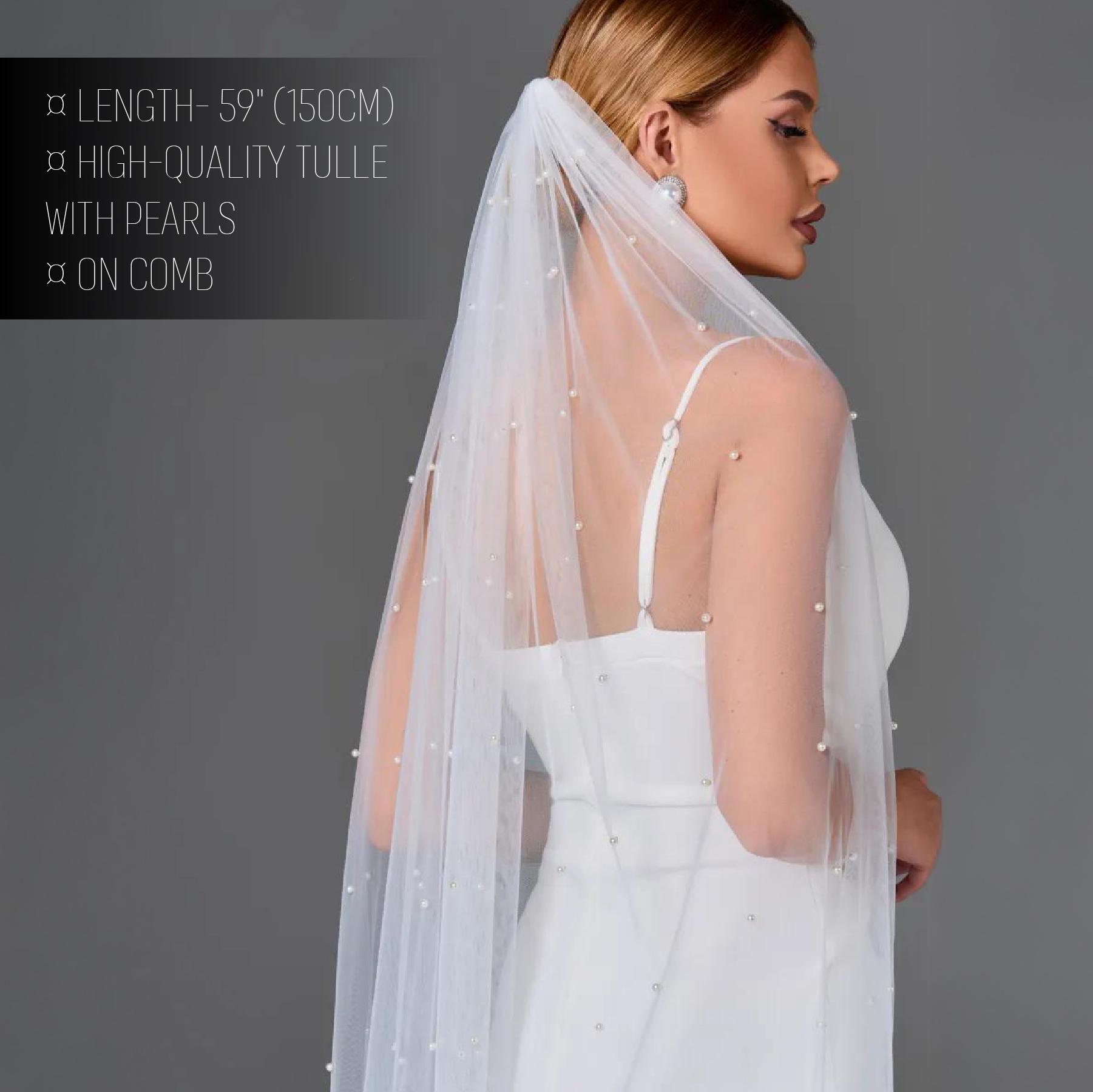 Elegant Pearl Embellished 60” Length Wedding Veil Pearls Edge Bridal Veil, Wedding Veil With Scattered Pearls  main image 3
