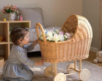 Natural wicker baby carriage, Wicker baby stroller, Wicker doll carriage, Baby wicker pram,  Handmade wicker stroller, Wicker pushchair