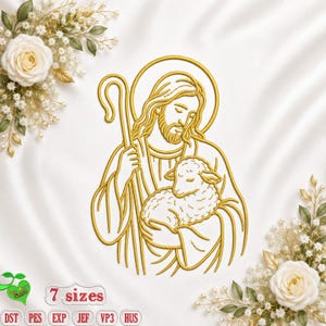 以下が含まれることがあります： 羊飼いの杖と子羊を持つ、後光をまとった髭の人物の線画刺繍デザイン。金色で描かれています。下部には「7 sizes」という文字と「DST PES EXP JEF VP3 HUS」というファイル形式が記載されています。