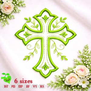 Könnte beinhalten: Ein hellgrünes, gesticktes Kreuzdesign mit Blattakzenten. Das Kreuz ist von weißem Stoff und floralen Arrangements umgeben. Das Bild enthält den Text "6 Größen" und Dateityp-Abkürzungen.
