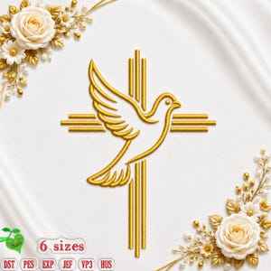 Puede incluir: Diseño bordado en oro con una paloma y una cruz, con detalles florales en las esquinas. El diseño está sobre un fondo blanco. El texto "6 tamaños" está debajo, junto con abreviaturas de tipos de archivo.