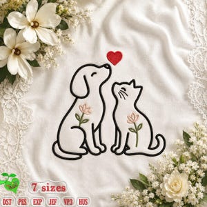 Dog and Cat Love Embroidery Design, Pet Lover Embroidery Pattern with Heart and Flowers, Machine Embroidery Design, Instant Download