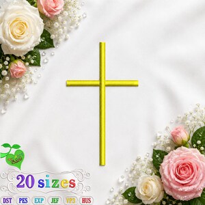 May include: A bright yellow embroidered cross design centered on a white fabric background. The image features a green heart-shaped logo with the text Embroidery KGG, the text 20 sizes, and a list of file formats including DST, PES, EXP, JEF, VP3, and HUS.