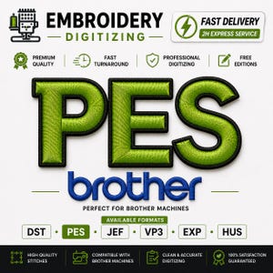 Op de afbeelding: Een advertentie voor borduurdigitalisatiediensten. De afbeelding toont het woord "PES" in groen met een zwarte omtrek, het woord "brother" in blauw, en diverse iconen en tekst die de service promoten, waaronder "Snelle levering".