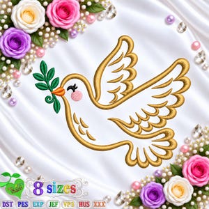 Dove of Hope Embroidery Design | Golden Peace Dove with Olive Branch | 8 Sizes | Machine Embroidery Design | Instant Download