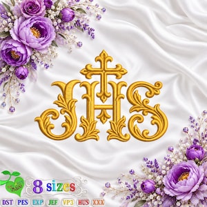 May include: A gold embroidered JHS monogram featuring a cross atop the letter H, surrounded by ornate flourishes. The design is centered on a white satin fabric background, framed by clusters of purple peonies and lavender sprigs in the corners.