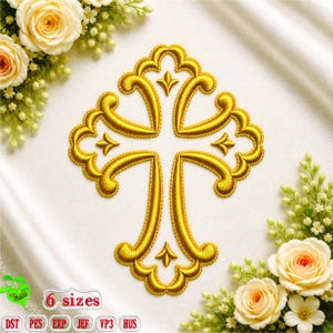 May include: A golden embroidered cross with ornate detailing, set against a white background. The image includes text that reads "6 sizes" and various file format abbreviations. Floral arrangements of white and peach roses frame the cross.