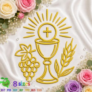 May include: A gold embroidered design featuring a central chalice topped with a host marked by a cross, surrounded by radiating sunbeams, a cluster of grapes, and a stalk of wheat, all set against a white fabric background with pink roses.