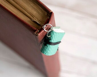 Miniature book bookmark, leather bookmark, mini book charm, book mark, book jewelry teacher librarian book lover reader, coworker gift