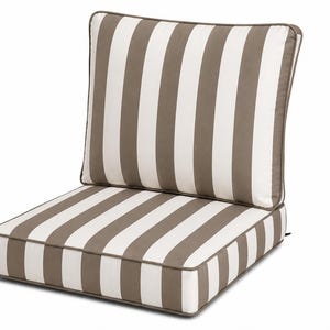 May include: A two-piece outdoor chair cushion set featuring a square seat cushion and a rectangular back cushion. Both pieces are upholstered in a fabric with vertical stripes in alternating shades of taupe and off-white, finished with piping.