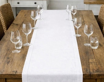Tailored White Table Runner, Premium 10oz Cotton Canvas & 100% Natural Flax Linen, Custom Modern Farmhouse Luxury Decor, 3/4 Hem Mitered