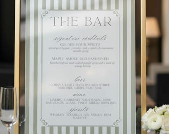 Sage Green Wedding Bar Menü-Vorlage: Modernes Cocktail-Schild (bearbeitbar Canva)