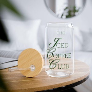 The Iced Coffee Club Glass Tumbler, 16oz Beer Can Cup with Bamboo Lid with Straw, Aesthetic Cold Brew and Latte Glass