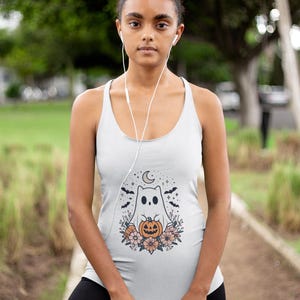 Adorable Halloween Ghost Tank Top, Spooky Workout Shirt, Cute Fall Apparel, Women&#39;s Halloween Top, Ghost & Pumpkin Design