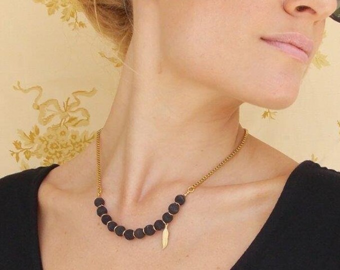 •LINKED• black lava + gold necklace (ADJ to 19