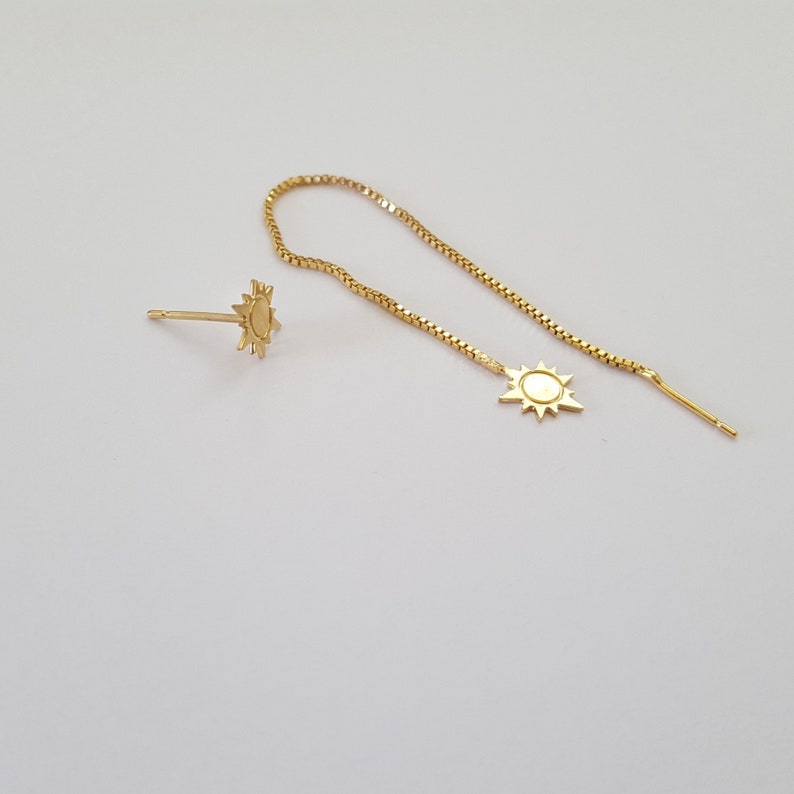 Gold Plated Chain Earrings Dainty Sun Earrings Thin Chain Stick Earrings Delicate earrings Long Threader Earrings sun jewelry