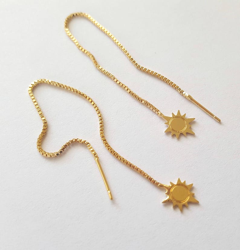 Gold Plated Chain Earrings Dainty Sun Earrings Thin Chain Stick Earrings Delicate earrings Long Threader Earrings sun jewelry