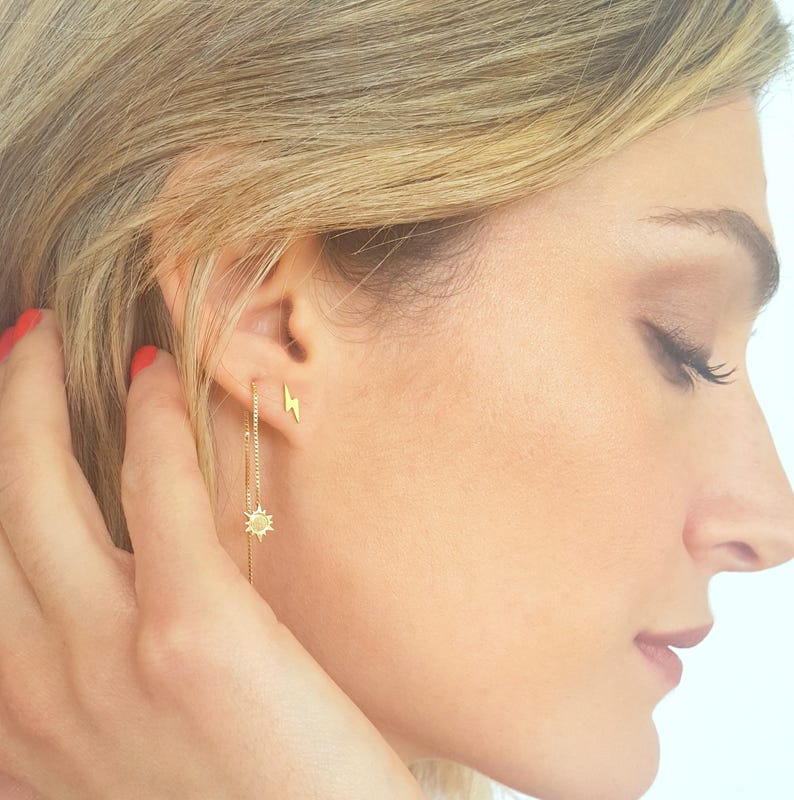 Gold Plated Chain Earrings Dainty Sun Earrings Thin Chain Stick Earrings Delicate earrings Long Threader Earrings sun jewelry