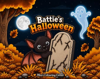 May include: A digital illustration featuring a black bat peeking from behind a cracked tombstone with the text Battie's Halloween above it. A white ghost floats in a dark night sky with a full moon, surrounded by orange autumn trees and leaves.