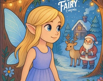 May include: A cartoon illustration of a blonde fairy with blue wings wearing a purple dress. The text Magical Fairy Christmas appears at the top. In the background, a snowy landscape features a small house, a reindeer, and Santa Claus.