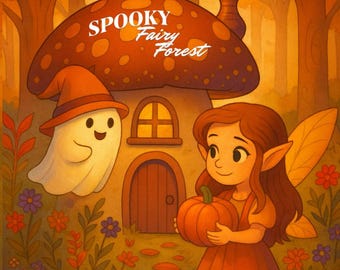 May include: A digital illustration featuring a mushroom-shaped house with a chimney, a white ghost wearing an orange hat, and a fairy holding a pumpkin. The text "SPOOKY Fairy Forest" is centred above the house in a warm, autumnal orange forest.
