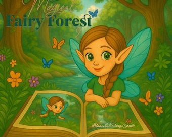 May include: A colouring book cover titled Magical Fairy Forest 2 featuring a brown-haired fairy with green clothing and blue wings. The fairy is positioned behind an open book showing a matching illustration. The text Mao's Colouring Corner is visible.
