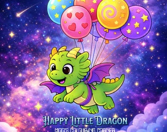 Op de afbeelding: Een groene draak met paarse vleugels zweeft in een sterrenhemel en houdt een tros kleurrijke ballonnen vast, versierd met hartjes, sterren en spiralen. Onder de draak staat de tekst Happy Little Dragon en Moo's Colouring Corner.
