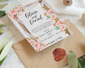 Blush Floral Wedding Invitation Template, Boho Greenery (Digital Download)