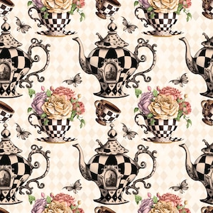 Könnte beinhalten: Ein sich wiederholendes Muster mit schwarz-weiß karierten Teekannen und Teetassen, gefüllt mit rosa, gelben und violetten Rosen. Das Design enthält kleine Schmetterlinge und einen hellen cremefarbenen Hintergrund mit einer subtilen Rautenstruktur.
