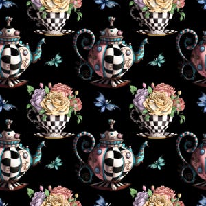 May include: A repeating pattern on a black background featuring teacups, teapots, and butterflies. The teacups and teapots have a black and white checkered design with pink and teal accents. Each teacup is filled with a bouquet of pastel-colored roses.