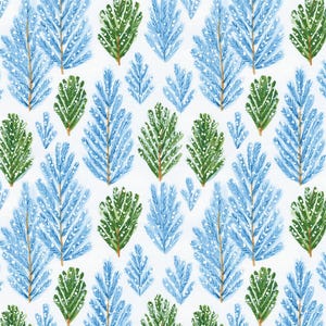 May include: A repeating pattern of stylized evergreen branches in shades of blue and green on a white background. The branches are painted with visible brushstrokes, creating a textured appearance. The design evokes a winter or holiday theme.